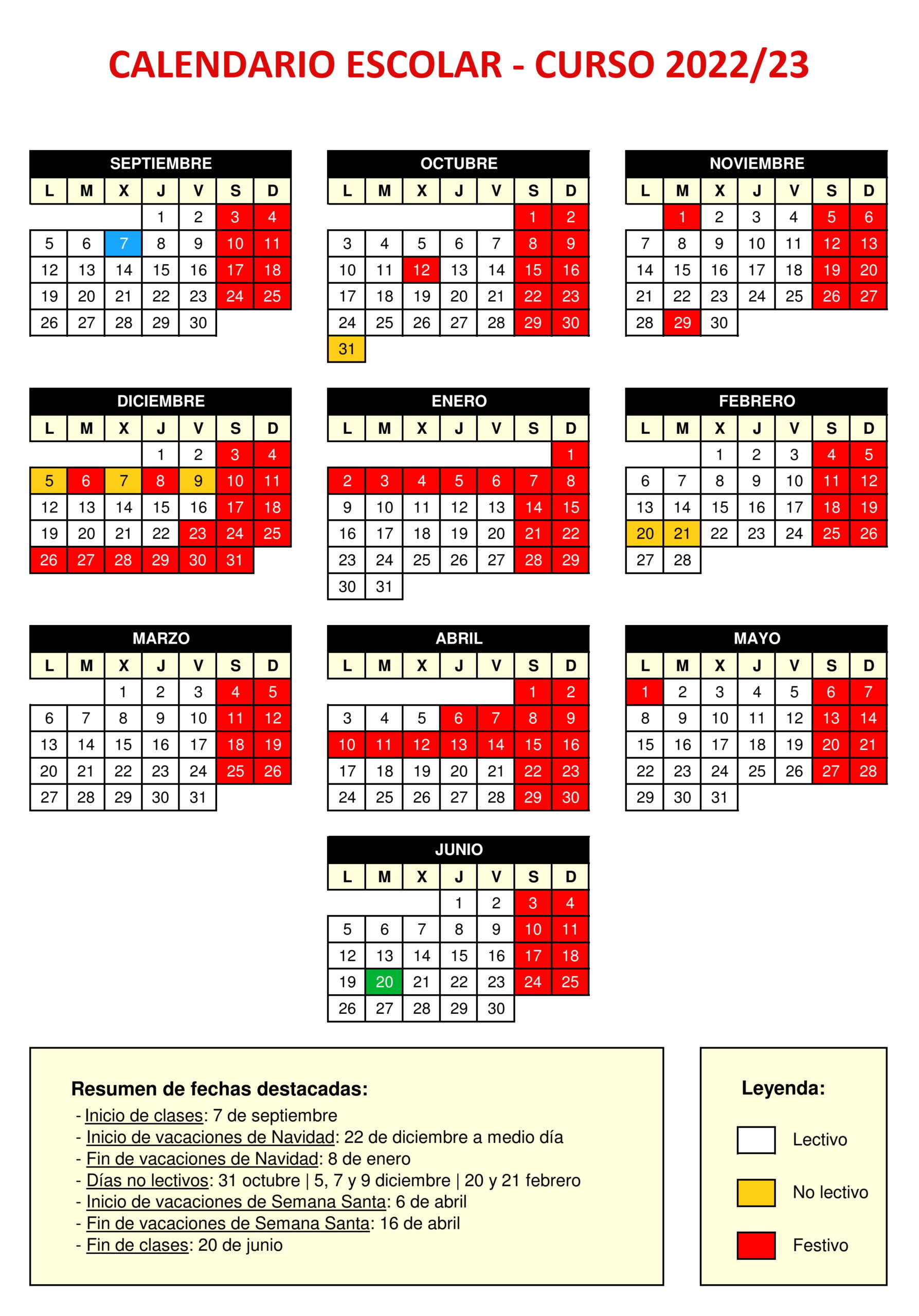 Calendario Escolar Curso 2022/23 y 2023/24 Colegio Sagrado Corazón